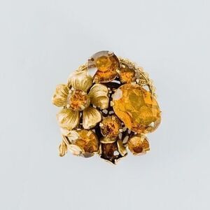 Vintage Yellow Amber Rhinestones Crystal Floral Brooch Pin Gold Tone​​
